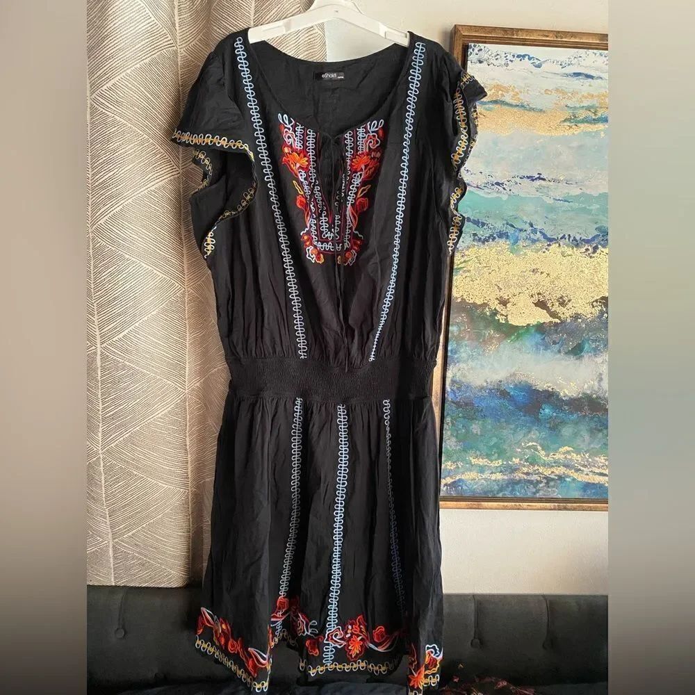 Eshakti Dress Womens 4X Dress Black Embroidered  Lightweight Elastic Waist